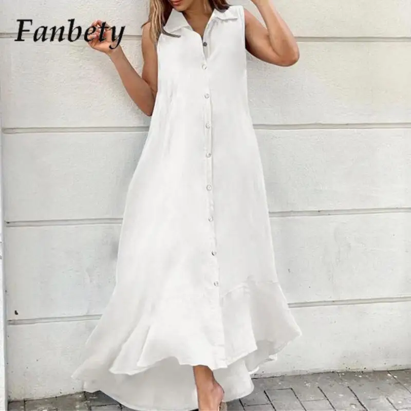 

Women Elegant Solid Color Party Long Dress Summer Fashion Sleeveless Long Dress Ladies 2023 Casual Turn-down Collar Beach Dress