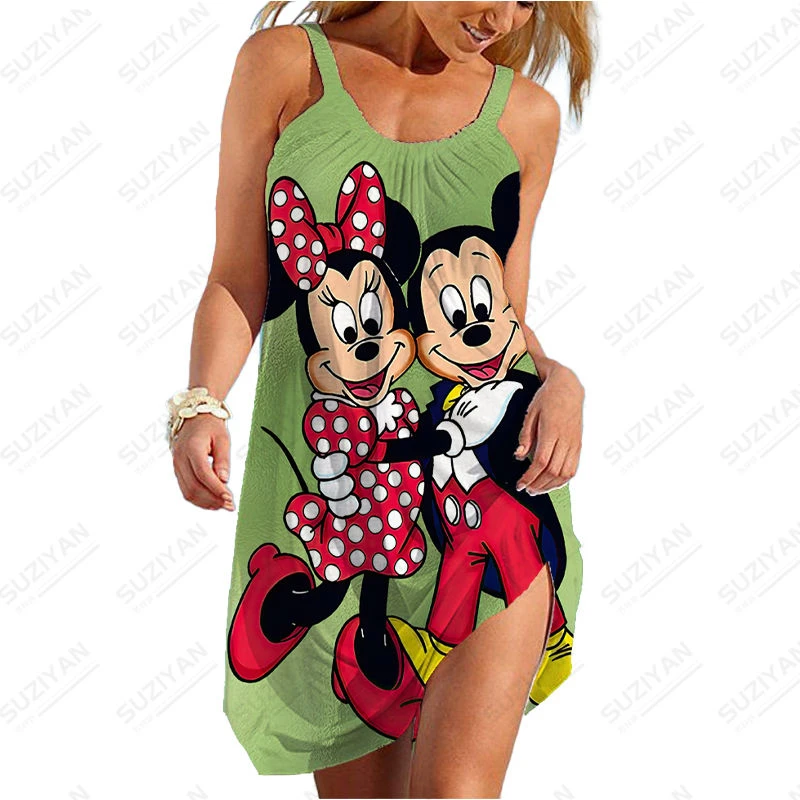 

2023 Summer New Sexy Strap Beach Dress Disney Mickey Minnie Women's Sleeveless Strap Dress Hawaii U-Neck Women's Top