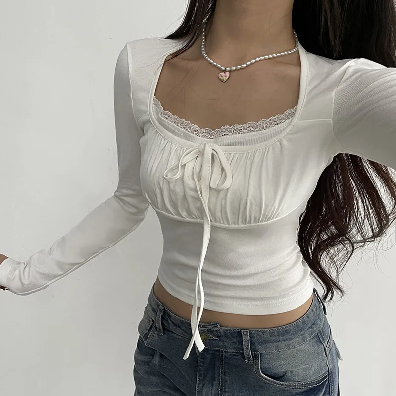

Bandage Folds Square Collar Crop Top Women Fairycore y2k White T Shirts Basic Knitted Elegant Tees Vintage 2000s Clothing