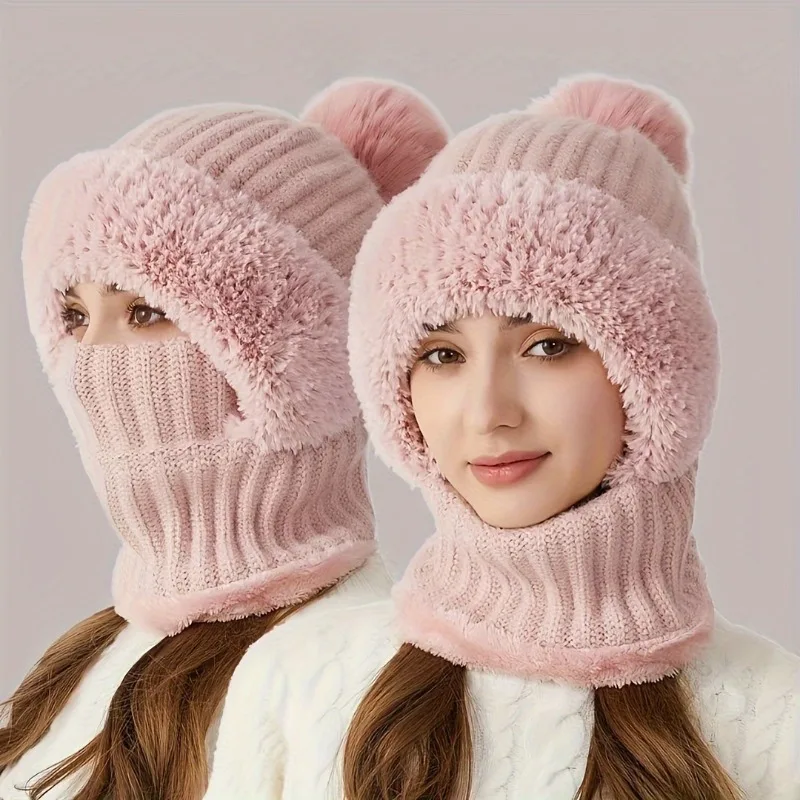 1PC Winter Hat with Ear Flaps, 3-in-1 Beanie Scarf Mask Set, Fleece-Lined Knitted Cap, Windproof Warm Acrylic for Cold Weather