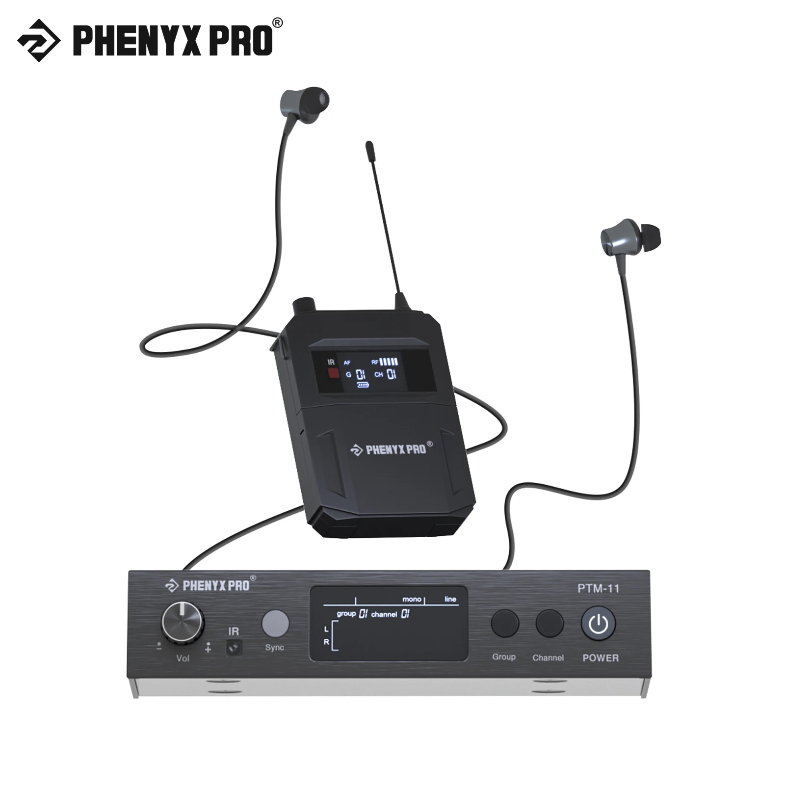 Phenyx Pro 모노 오디오 인이어 모니터 시스템, 무선 바디팩 수신기, 밴드 및 스튜디오 분리 출력 PTM-11 적합, 164 피트
