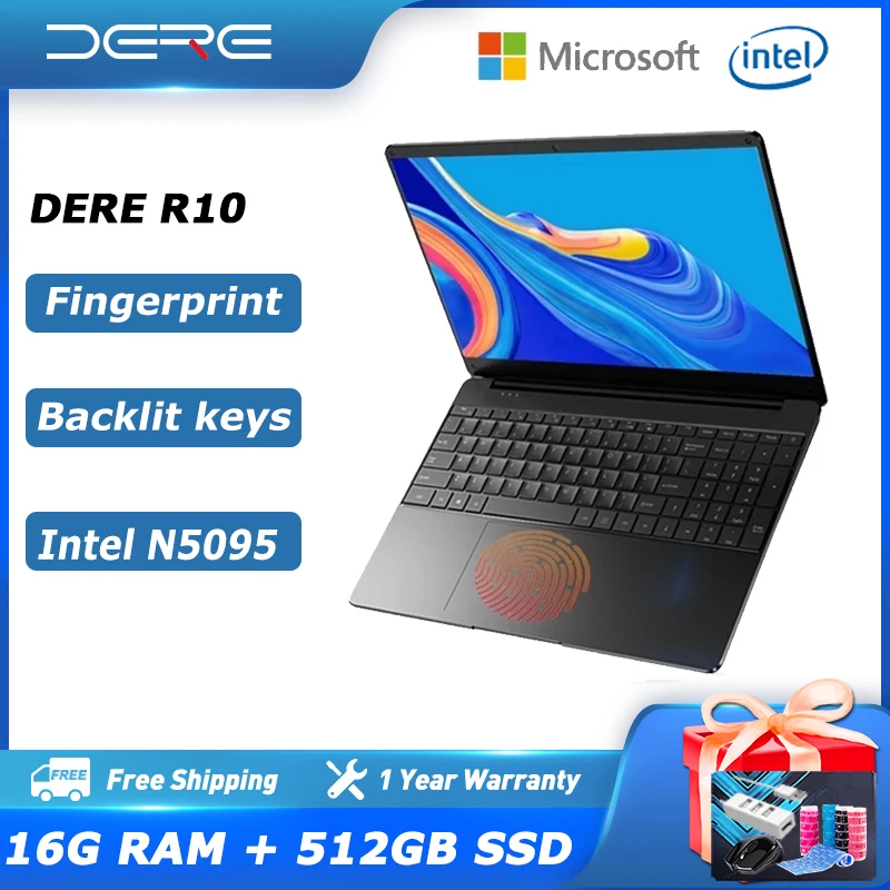 Dere Laptop R10 15.6-inch Intel N5095 Business Notebook 16GB RAM 512GB SSD Recognition Fingerprint Backlit keyboard Windows 10 | Компьютеры