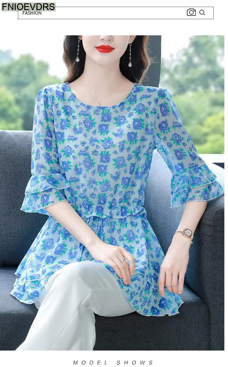 S-4XL Loose Clothes 2023 Women Summer Short Sleeve Elegant Ruffles Shirts Casual Chiffon Floral Tunic Peplum Tops And Blouses