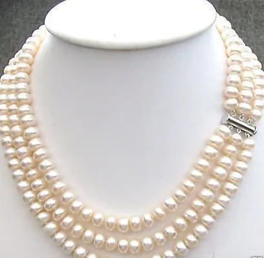 

Hand knotted 3 rows color 7-8mm freshwater pearls necklace length 17-19 " pearl Jewelry