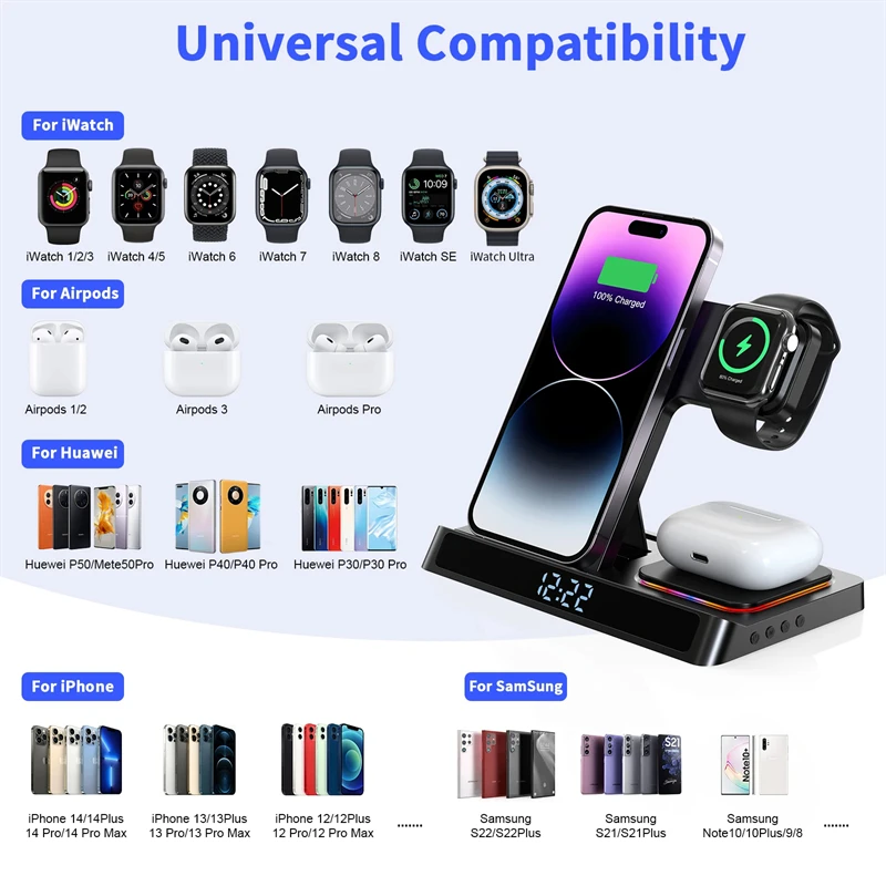 4 in 1 Foldable Wireless Charger Stand For IPhone 14 13 12 11 Samsung Apple Watch Airpods Pro iWatch Fast Charging Dock Station