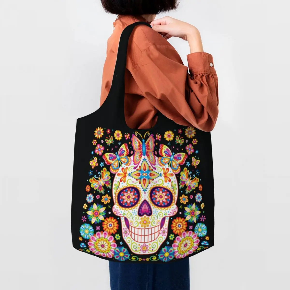 

Mexican Flowers Sugar Skull Groceries Shopping Bag Canvas Shopper Tote Shoulder Bags Big Capacity Durable Of The Dead Handbag