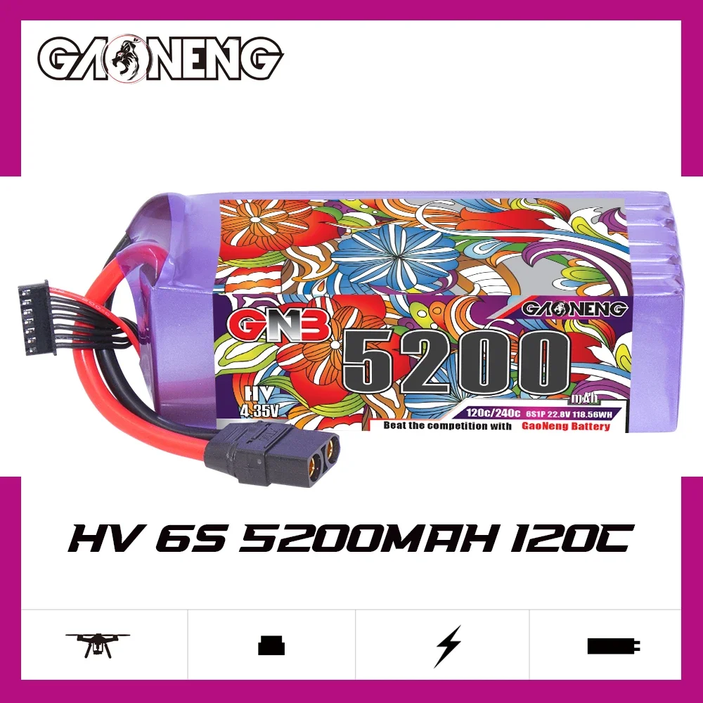 

GAONENG GNB 5200mAh 6S 120C 240C 22.8V XT90 LiPo Battery FMS 70mm EDF Jets 1400mm 3D Plane Size 600mm to 700mm Helicopters