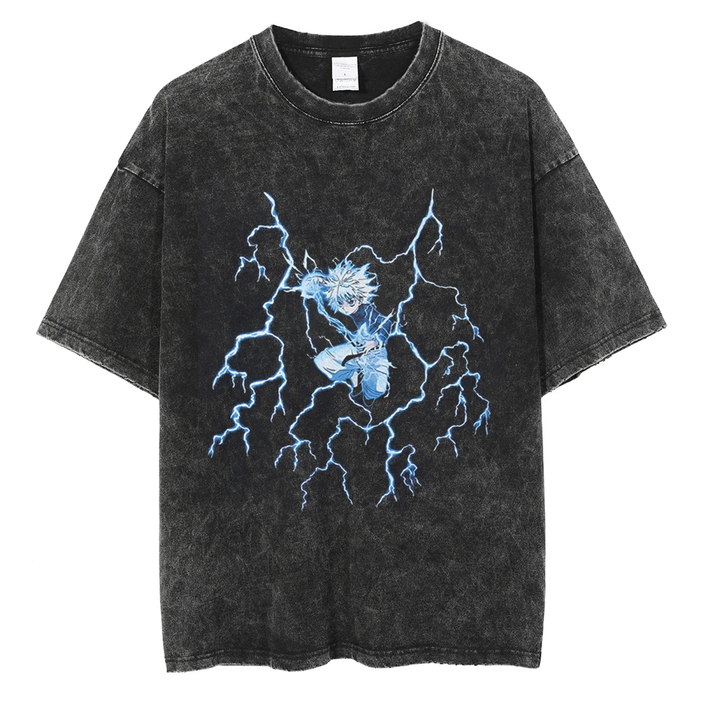 

Hip Hop Harajuku Streetwear Japan Anime Hunter × Hunter Print T Shirts Men Summer Tees Washed Cotton Oversized Short Sleeve Tops