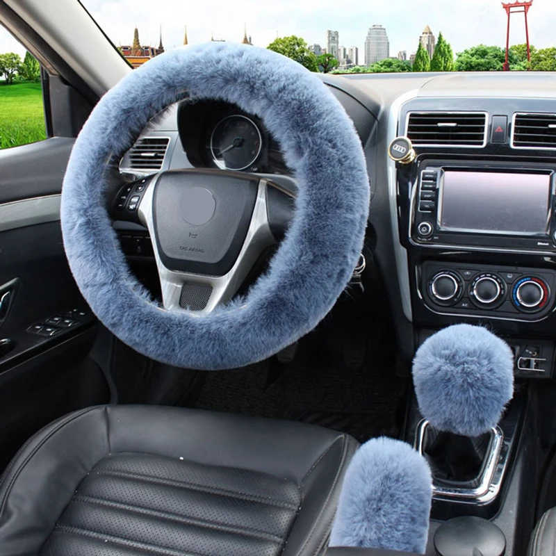 Deluxe Plush Winter Car Steering and Gear Cover Set - Luxuriously Soft and Warm