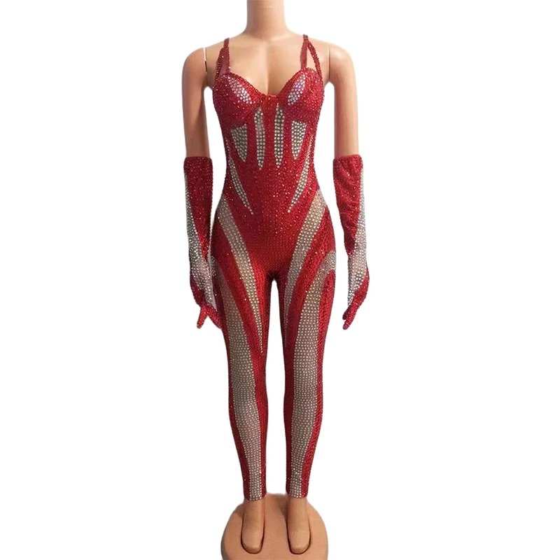 

Rhinestone Women Sexy Colorful Outfit Jumpsuit Gloves Transparent Birthday Dance Costume Evening Clothing