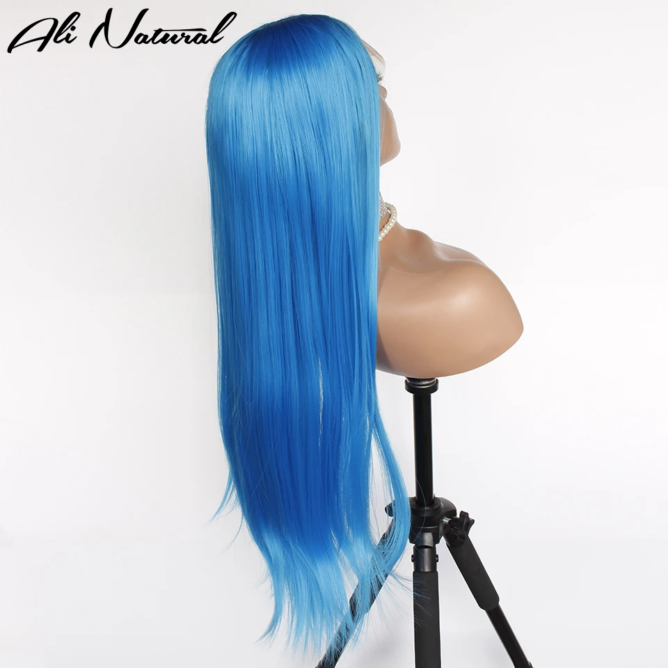 Bright Blue Color T Part Synthetic Lace Wig Long Silky Straight Light Blue Wig High Temperature Fiber Hair for Women 24inch