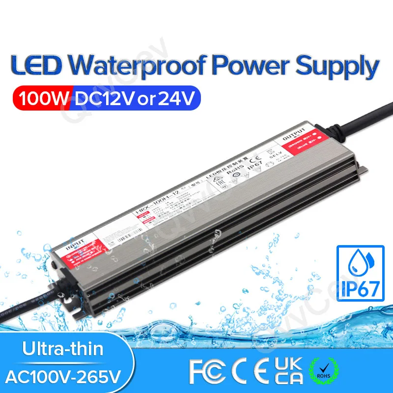 

100W LED Driver DC12V DC24V IP67 Waterproof Lighting Transformers for Outdoor Lights Power SupplyAC100-265V 100W