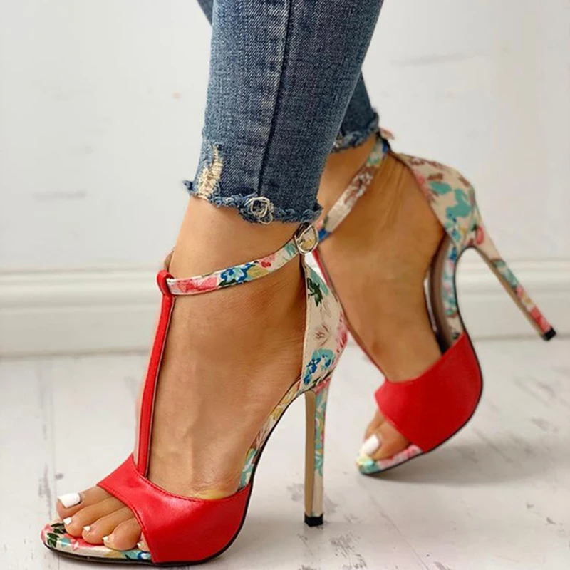 Rimocy Sexy Women T-strap Floral Print Sandals 2022 Summer Fashion Super High Heels Open Toe Gladiator Shoes Woman Party Pumps