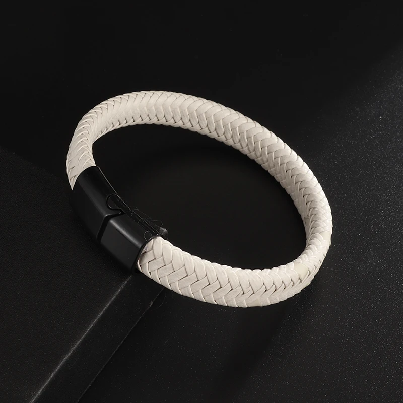 Unisex Trend Bangle Couple Jewelry White Woven Leather Metal Magnetic Button Bracelet