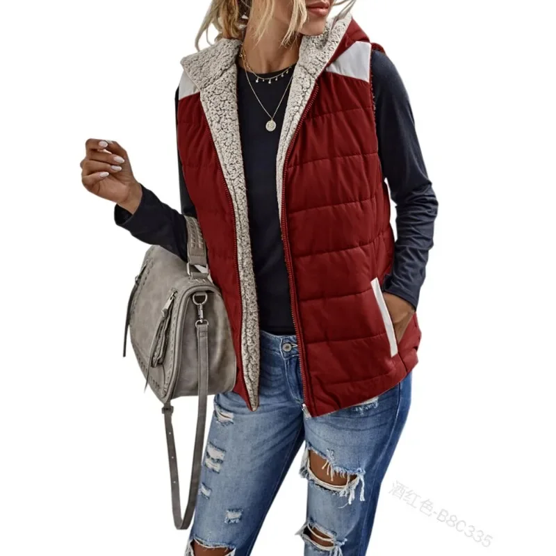 

Vintage Winter Women Plush Hooded Vest Parka Coat Casual Elegant Fashion Sleeveless Zipper Pocket Warm Thick Jacket Outwear