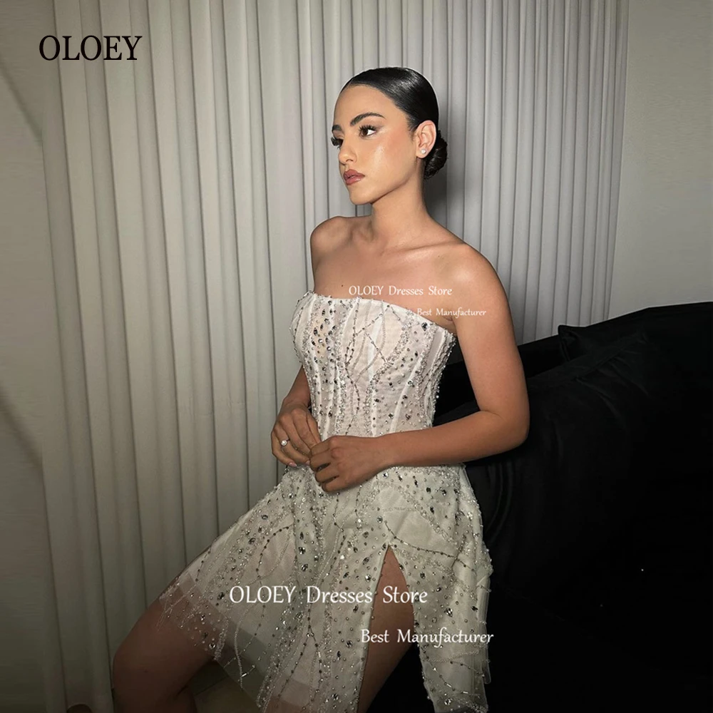 

OLOEY Glitter Lace Beads Short Wedding Party Dresses Strapless Split Mini Bride Gowns Sparkly Arabic Women Prom Dress Formal