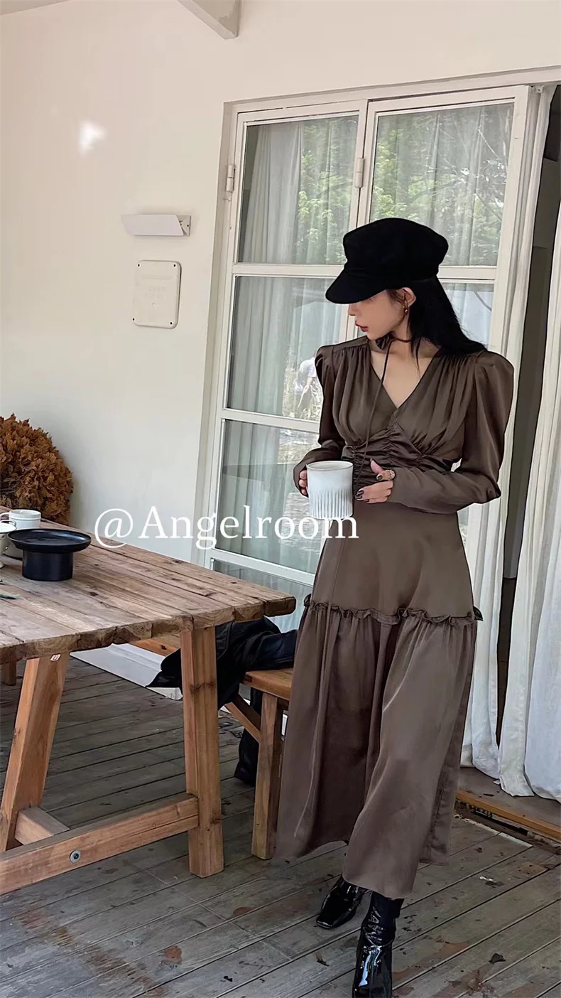 Autumn Satin Midi Dresses for Women Long Sleeve V-neck Folds Design A-line Korean Fashion Office Lady One Piece Vestidos New