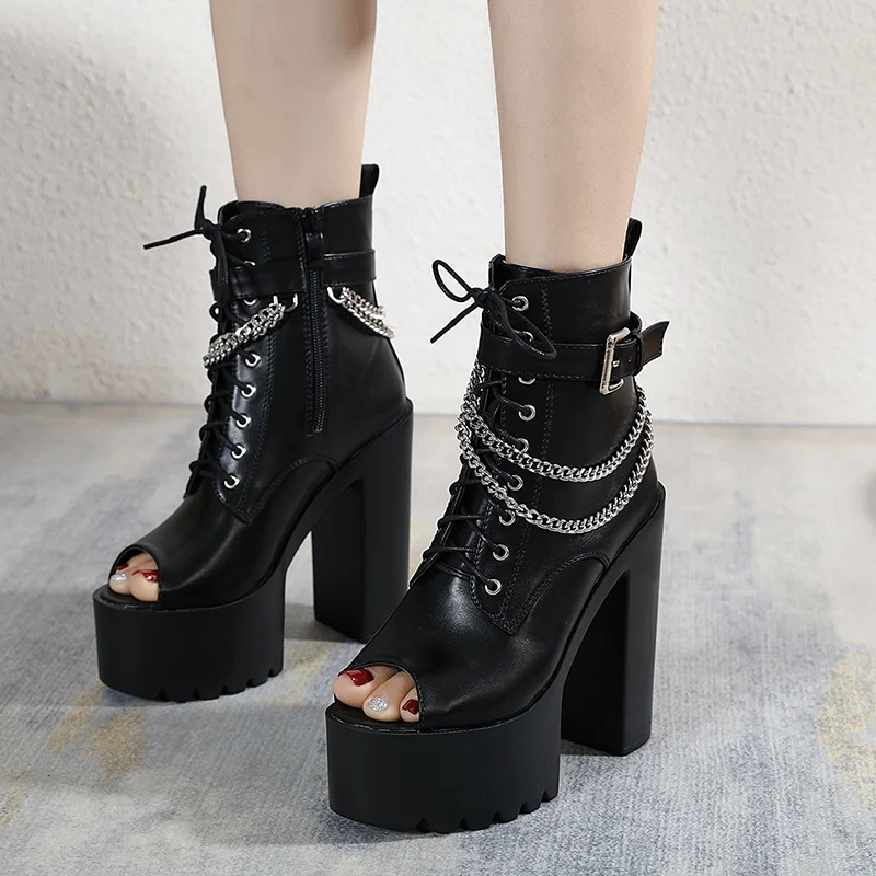 

Peep Toe Platform Heels Shoes for Women Thick Soled Waterproof Back Zipper Block Heels Shoes Pumps Nightclub Feitish
