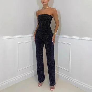 2025 European and American sexy off-the-shoulder shiny vest diamond trousers set two-piece set for women