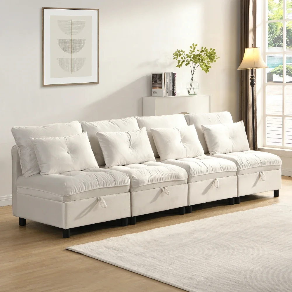 Modulares, trennbares 4-Sitzer-Sofa-Set – multifunktionales Schlafsofa, frei kombinierbar, Chenille-Bezug mit vollständiger Sitzkissen-Aufbewahrung – Detail 37