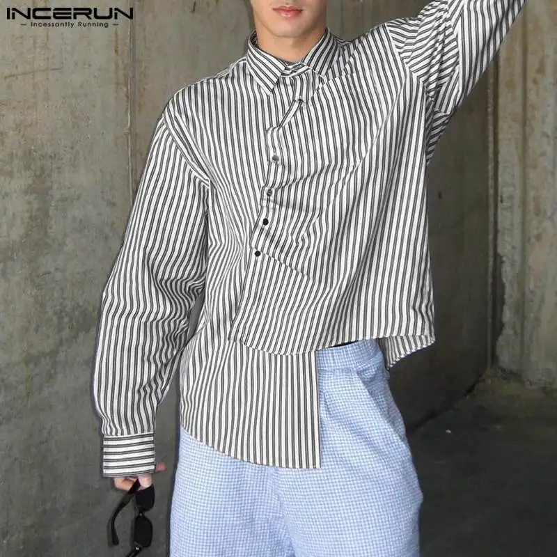 

INCERUN Tops 2023 American Style Fashion Mens Simple Striped Irregular Hem Design Shirts Leisure Lapel Long Sleeved Blouse S-5XL