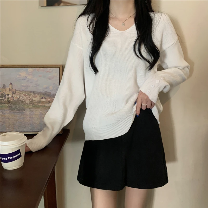 

Office Lady Autumn Long Sleeved Korean Fashion V-neck Sweater Women Spring Autumn Winter Knit Pullover Female Cheap Wholesale