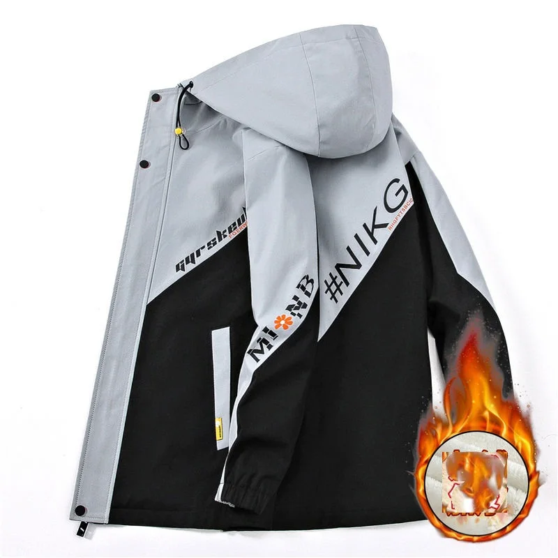 2023 New Men's Clothing Long Sleeve Hooded Thick England Casual Fashion Letter Button Pockets Spliced Loose Jackets