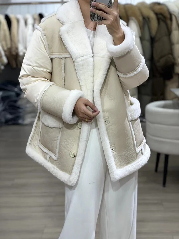 2024 Women Winter Warm Real Natural Merino Sheep Fur Coat Goose Down Jackets Thick Coat Female Outwea Puffer Jackets