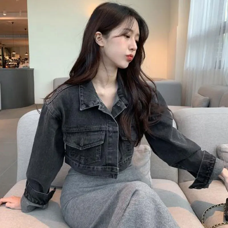 레트로 세련된 짧은 느슨한 긴 소매 데님 재킷 금속 단일 버튼 빈티지 스타일 여성 패션 가을 겉옷