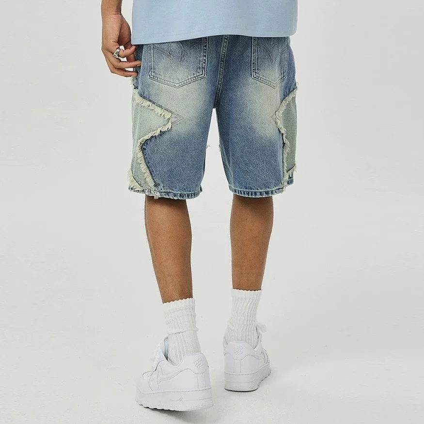 Washed Stars Patchwork Baggy Jeans Shorts for Men High Street Wide Leg Straight Casual Denim Five Point Pants Oversized