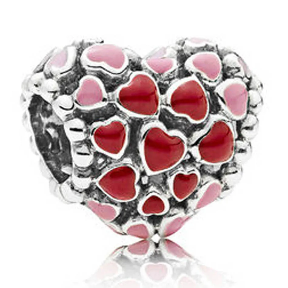 

Genuine 925 Sterling Silver Charm Openwork Pink & Red Enamel Burst Of Love Heart Beads Fit Women pandora Bracelet &