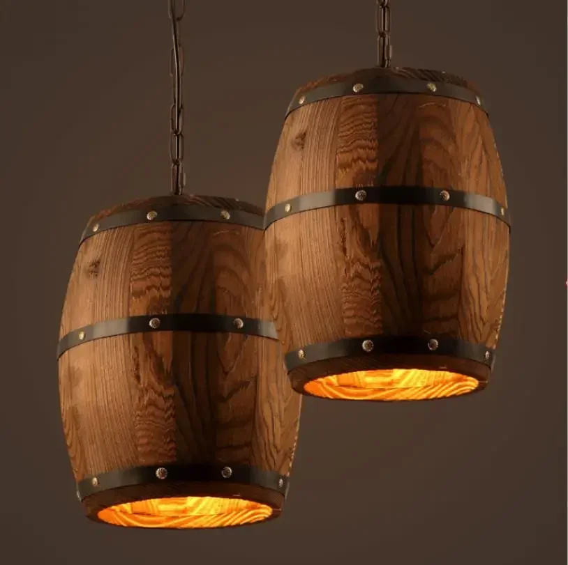 

Vintage Retro Led Wooden Pandent Lamp Chandelier Industrial Creative Wine Barrel for Restaurant Bar Hot Pot Shop Indoor Fixtures