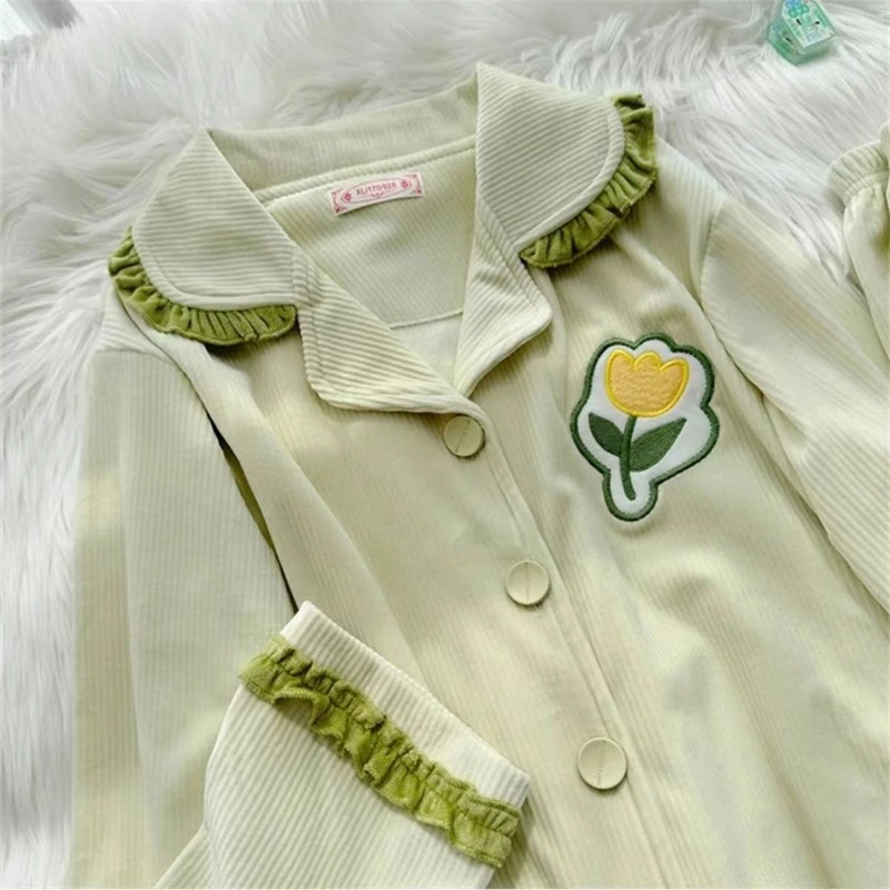 2024 New Pajama Autumn Winter Women Island Velvet Sleepwear Sweet and Cute Long Sleeve Pants Loungewear Thin Velvet Homewear Set