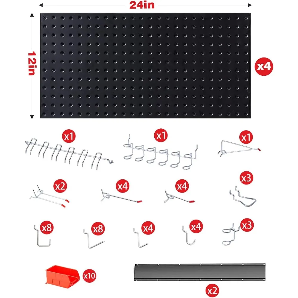 Pegboard Wall Organizer, Black Metal Pegboard Panels, Garage Storage System with Hooks and Storage Bins, 59pcs