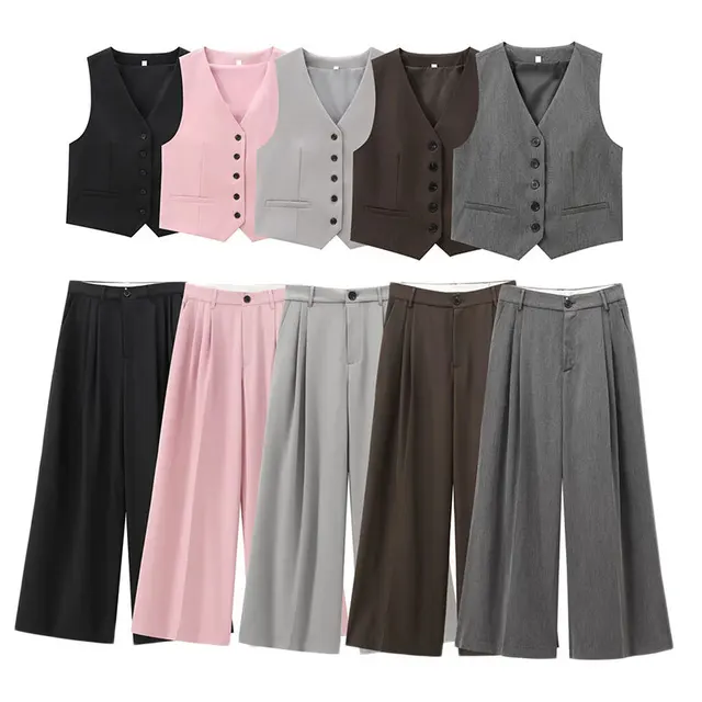 2025 Spring and Autumn New Two Piece Set Wide Leg Pant Suit Work Office Vest Top+Double Fold Pants Women's Fashion Set 1