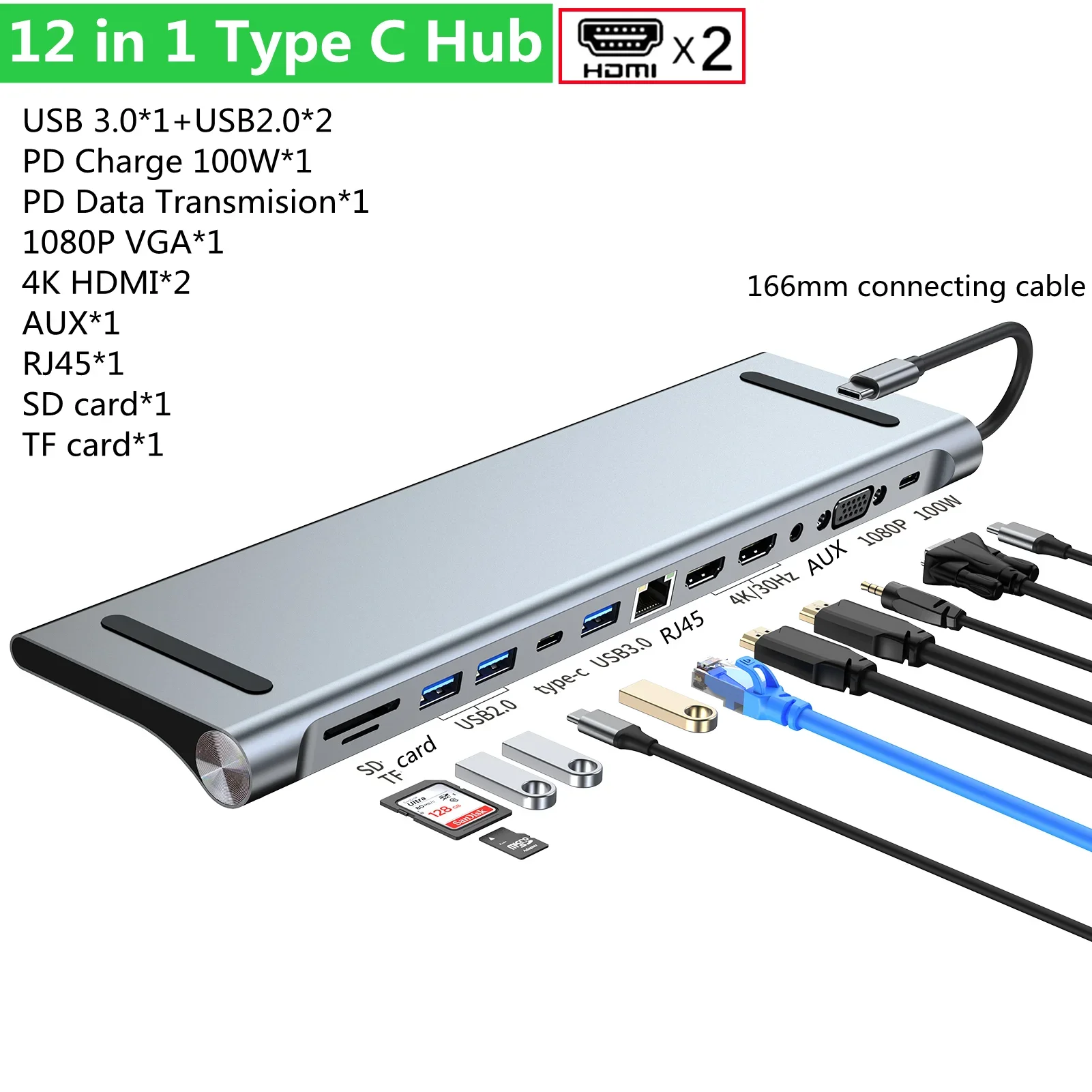 

Док-станция 11/12 в 1, USB 3,0, RJ45, SD/TF, VGA, PD