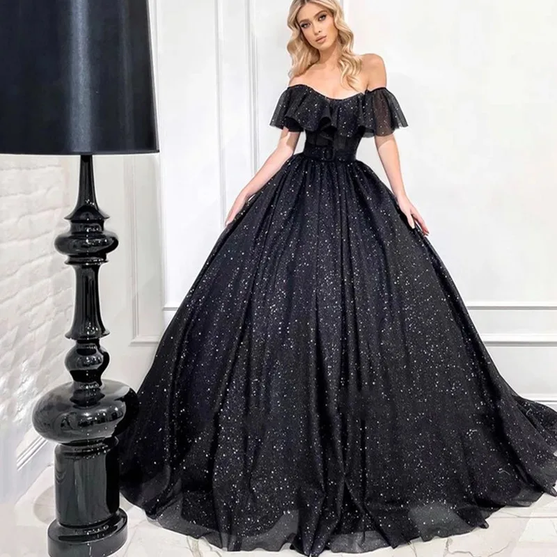 

New Black Off Shoulder Sweetheart Evening Dresses For Women Elegant A-Line Sweep Train Tulle Cocktail Dress 2023 Sparkling Gowns