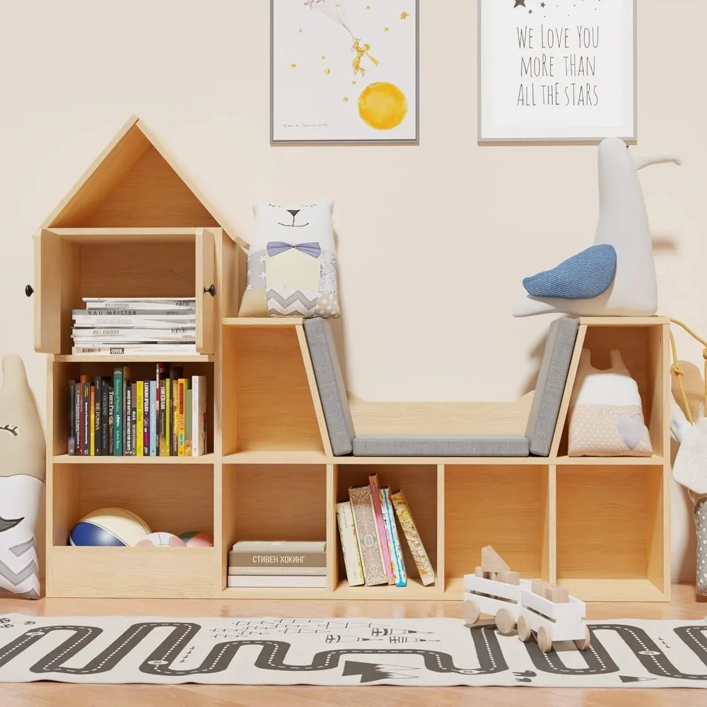 56.9" Wooden Kids Bookshelf with Reading Nook, Kids Bookcase with Detachable Cushions,Toy Storage Organizer with 9 Cubes 3