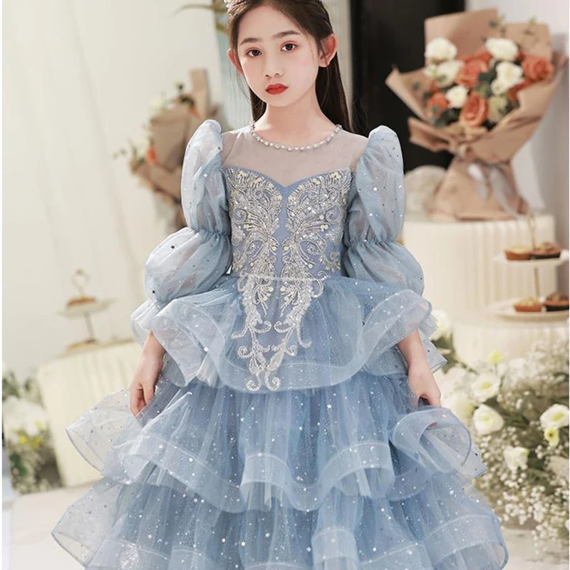 

Children's Evening Dress Blue Girl Princess Dress Small Host Light Luxury Long-sleeved Catwalk Girl Performance ClothingHigh-end