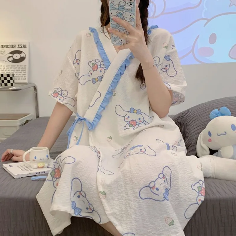 

Пижама коричная с геометрическим рисунком для девочек, лето 2024, с коротким рукавом и растительным цветочным рисунком, домашняя одежда средней длины, милое уличное пижамное платье