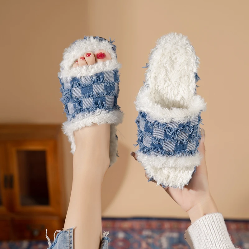 

Женские блестящие сандалии со стразами, зимние теплые босоножки на плоской подошве с откидной крышкой, 2023