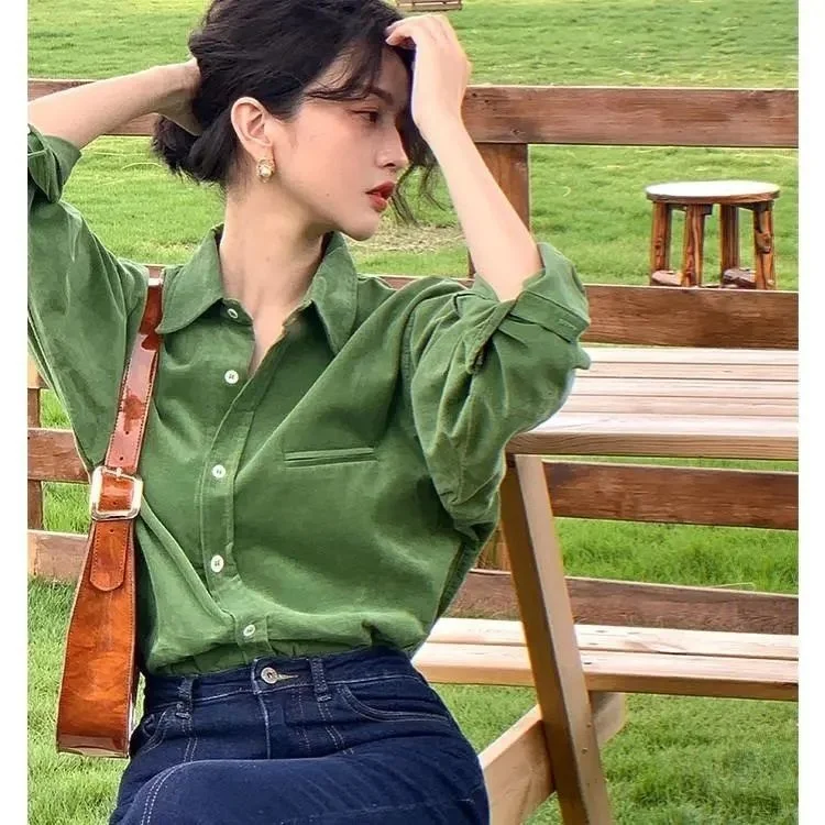 

Solid Retro Corduroy Polo Top Women's Thickened Long Sleeve Shirt Vintage Clothes for Women Tops Shirts Blouses