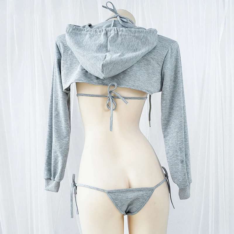 Strappy Halterneck Bikini Set Women with Hooded Long Sleeve Sweater Jacket Three Point Swimsuit Underwear