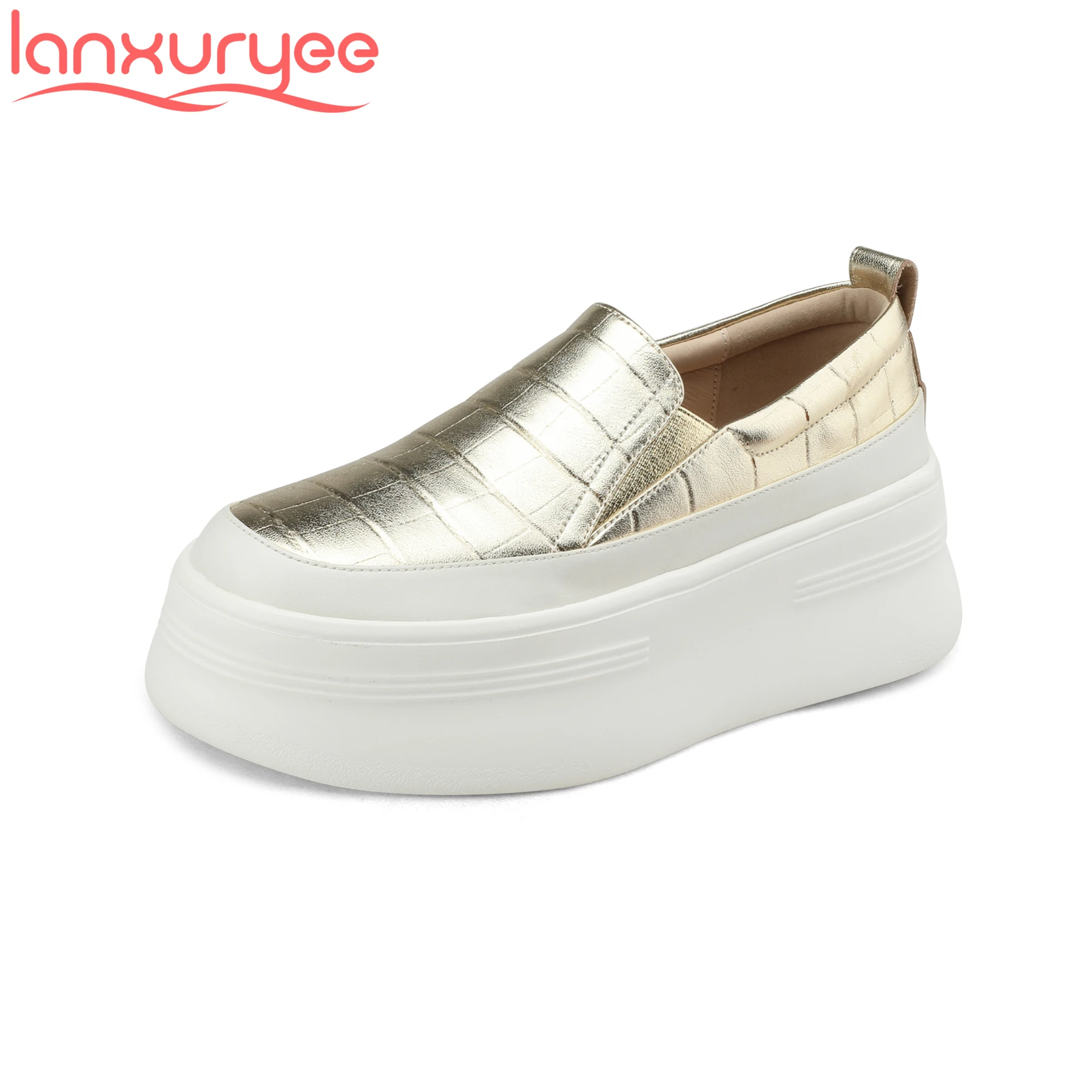 

Lanxuryee Cow Leather Thick Bottom Concise Slip On Round Toe Spring Casual Women Vulcanized Shoes Luxury Vacation Dress Sneakers