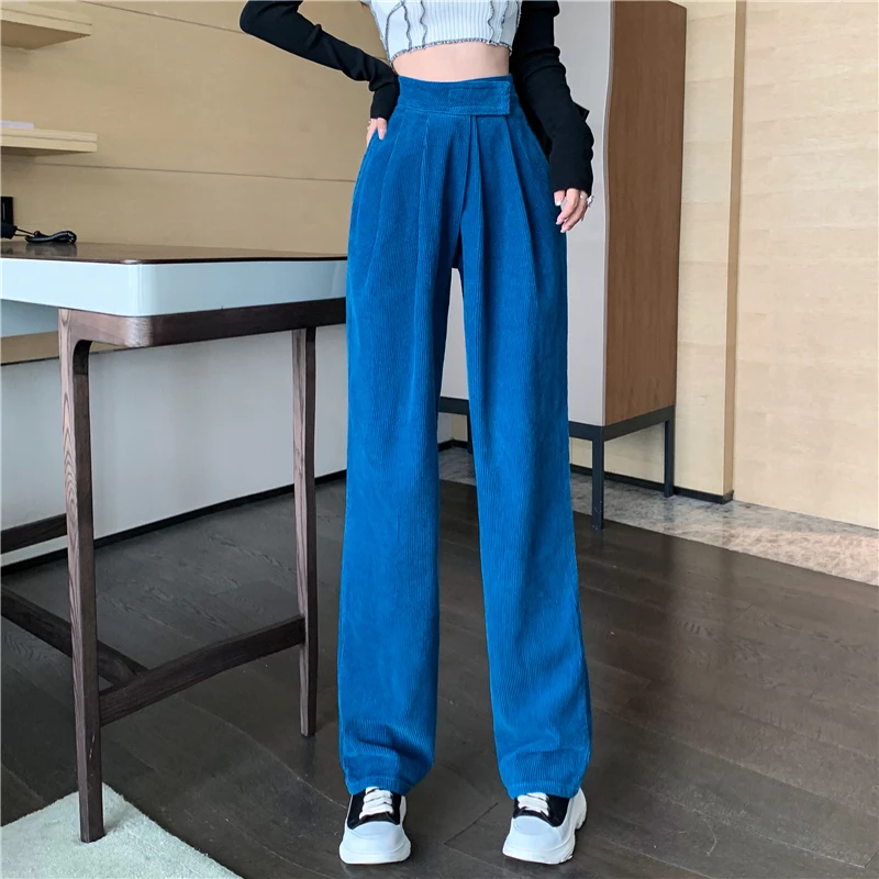 Blue Korean Style Y2k Elegant Pants Women Corduroy France Vintage Wide-legged Pants Loose Designer Clothing Autumn Winter