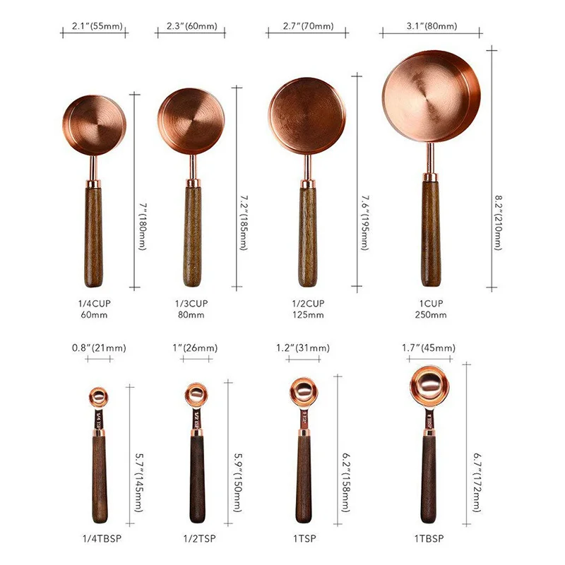 Set di 8 cucchiai dosatori, misurini con manico in acciaio inox,per ingredienti secchi e liquidi