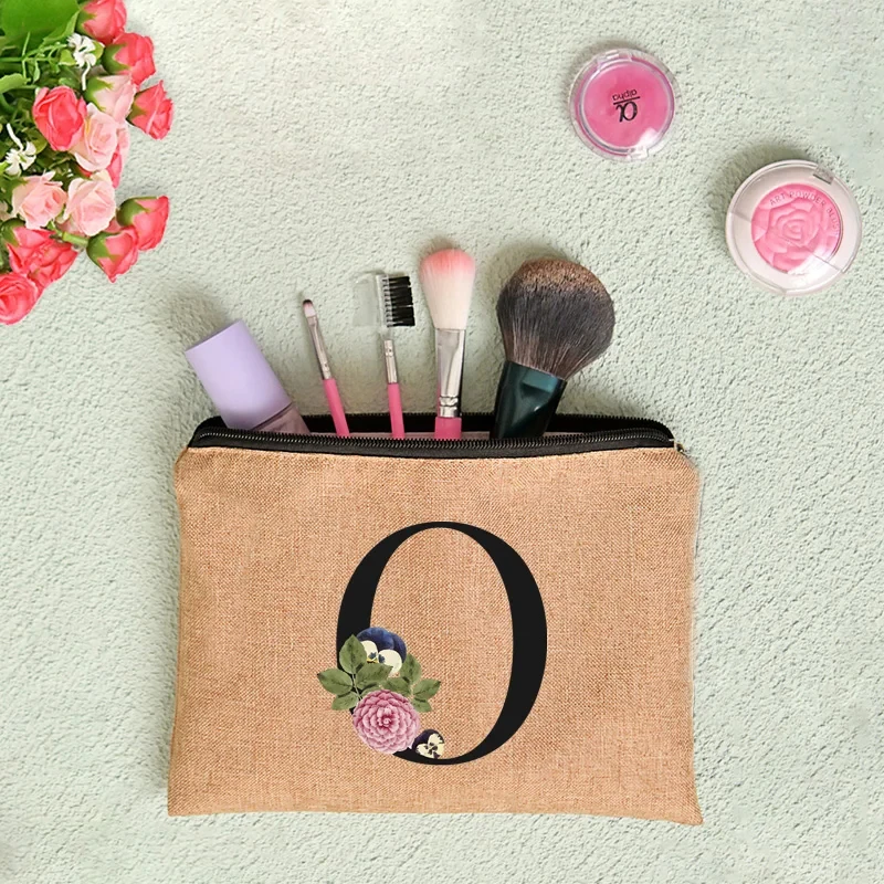 Floral Print Linen Zipper Pouch Cosmetic Travel Organizer