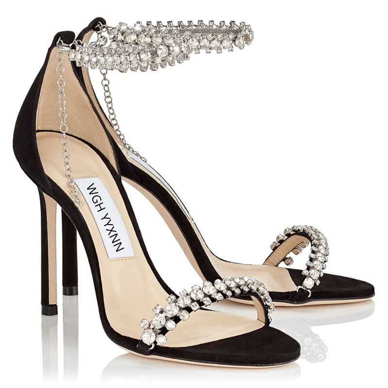 

Crystal Chain Round Head Female Pumps Open Toe Sandals Summer Ankle Straps Cover Heels Stiletto Shoes Women Party Zapatos