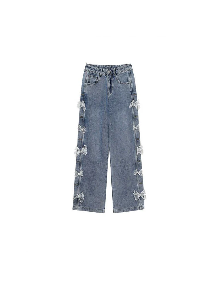 

Casual Bow Tie Design High Waist Blue Straight Jeans Pants Korean Fashion Women Wide Leg Baggy Y2K Denim Trouser Female Clothes