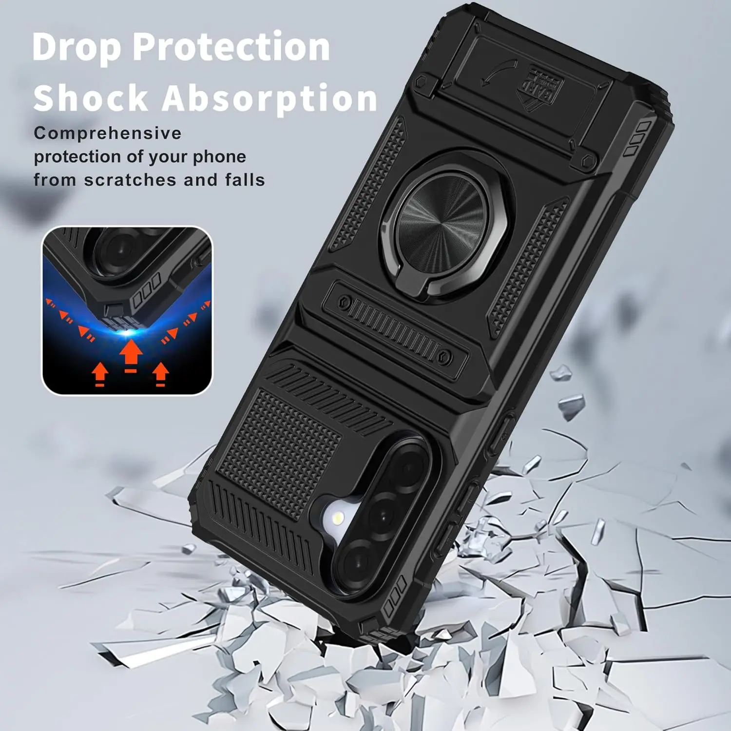 Heavy Shockproof Wallet Phone Case with Rotating Ring Kickstand and Card Holder